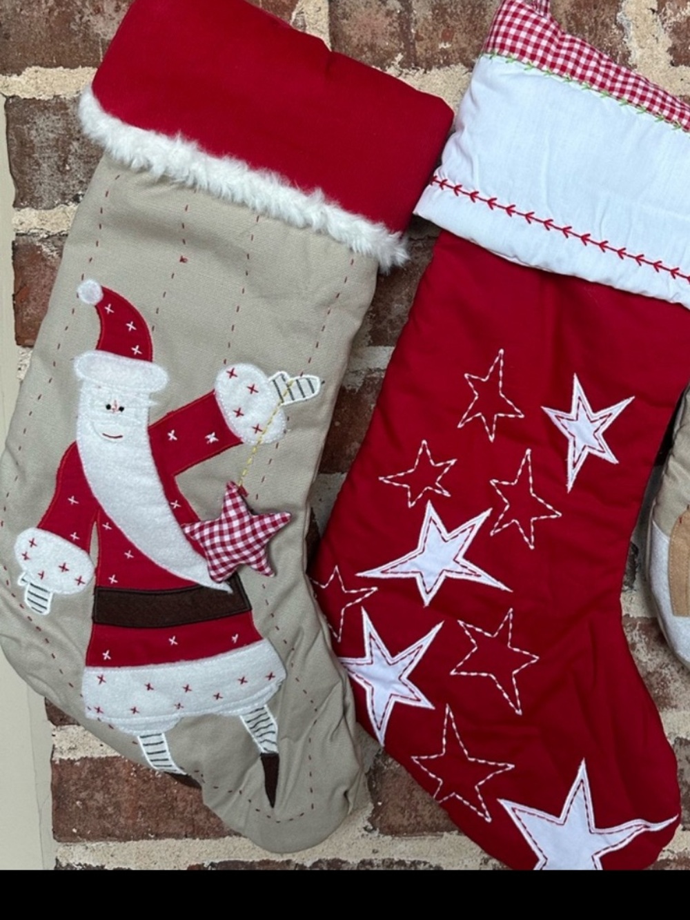 2 New Quilted Christmas cotton embroidered Stockings: Star+Santa